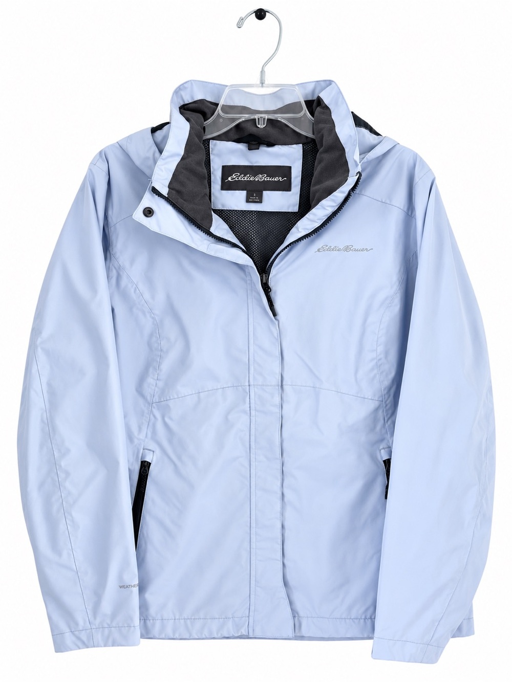 Eddie Bauer Women's Light Blue Gray Rain Jacket with Contrast Collar